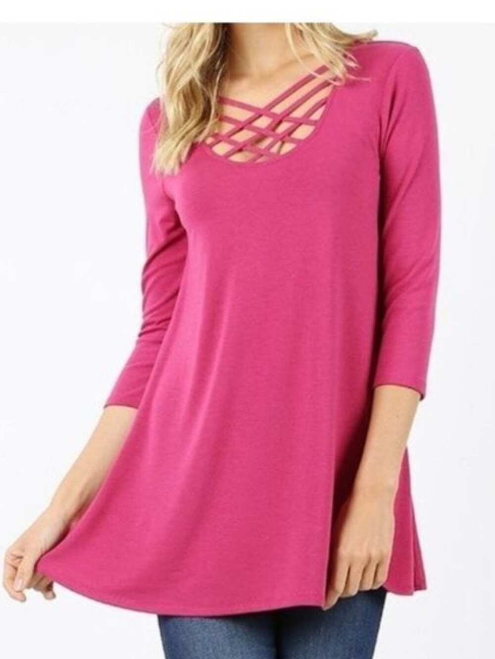 ZENANA Criss-Cross Neckline 3/4 Sleeve Pink Top Tunic Size Large NWT